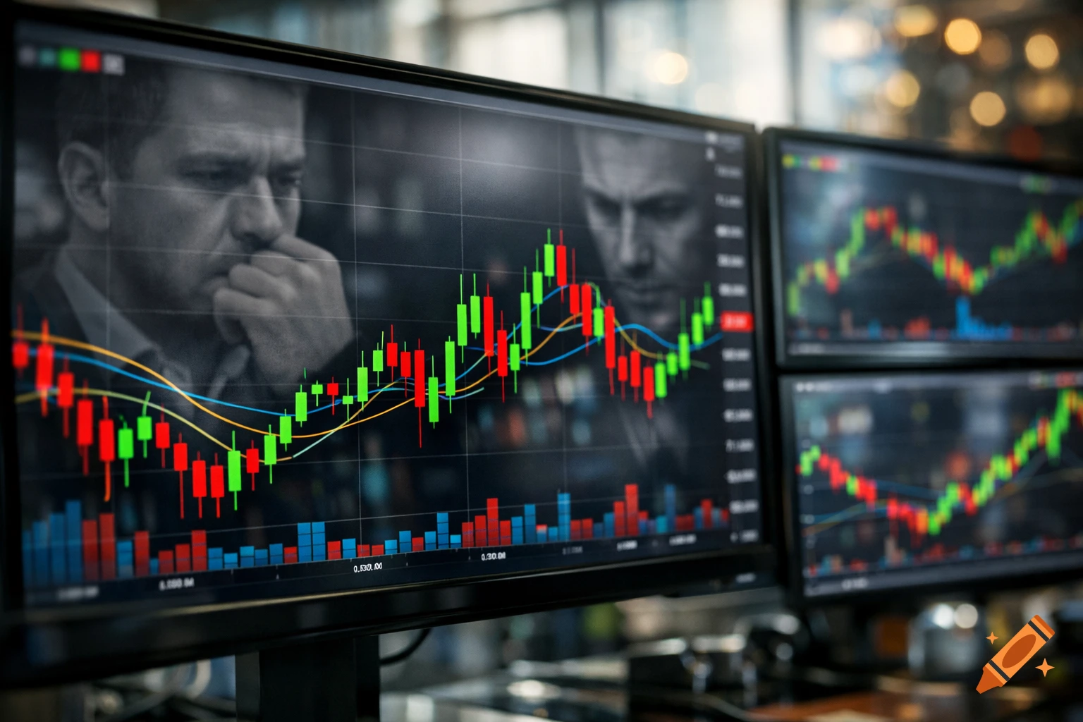 A close-up of a computer monitor displaying a stock market chart with green and red candles, with a concerned man's face superimposed in the background.