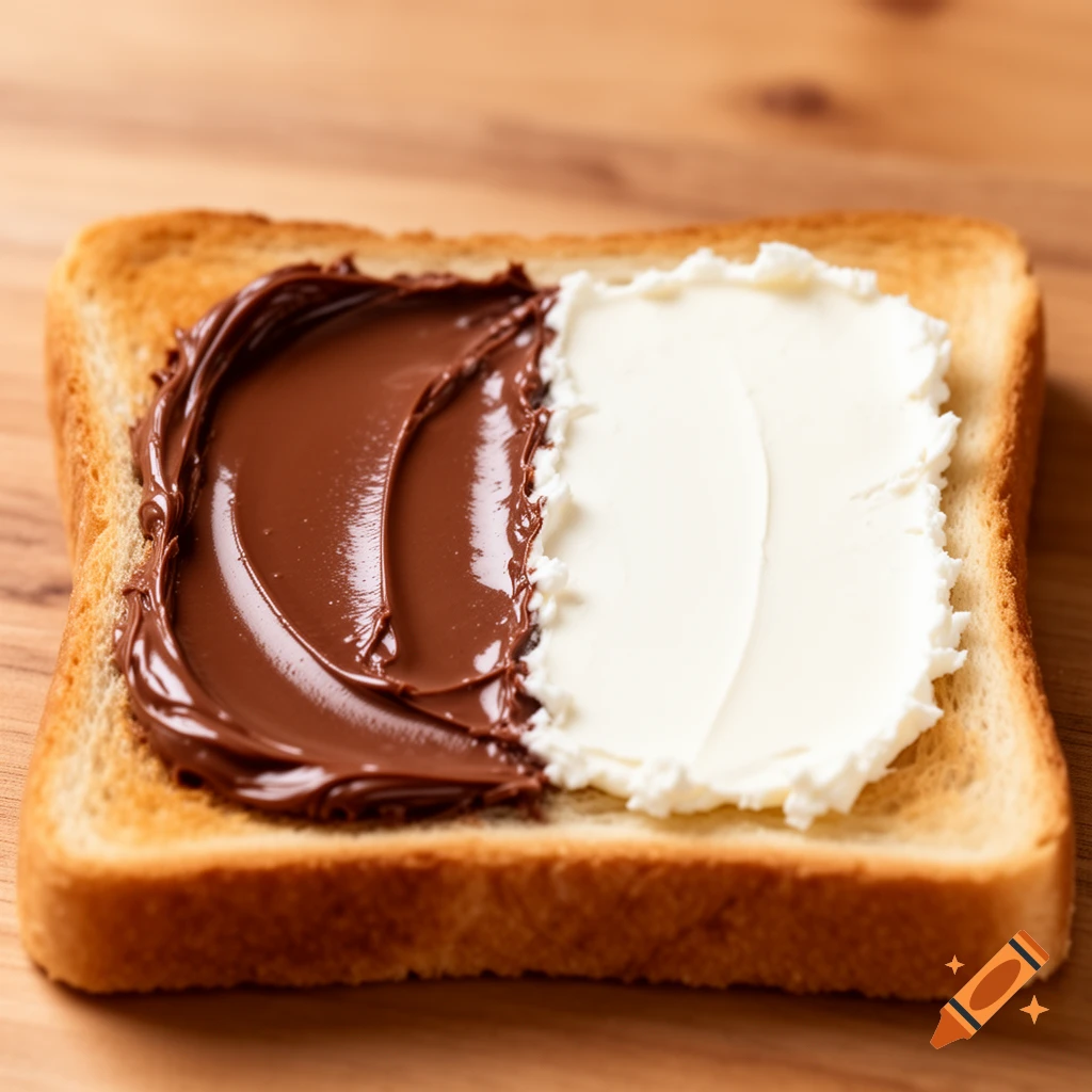 A slice of toast topped with dark chocolate spread on one side and white cream cheese on the other, on a wooden surface.
