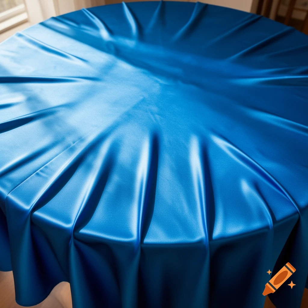 A vibrant blue silk tablecloth with elegant pleats around the edges, viewed from above.