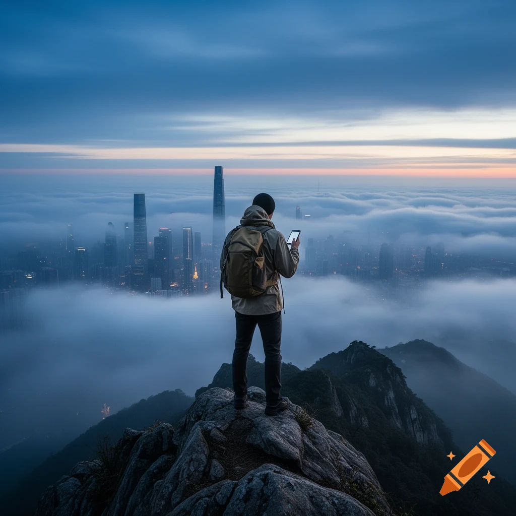 A person with a backpack stands on a rocky mountain peak, looking at a city skyline shrouded in fog with skyscrapers, at sunset.