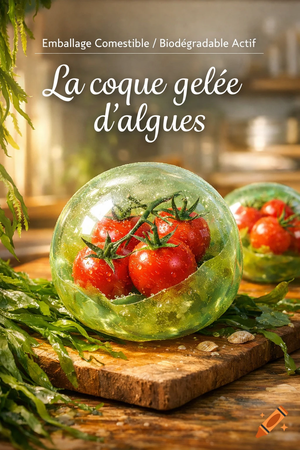 Close-up of fresh cherry tomatoes in clear, edible green packaging on a wooden board with seaweed, featuring text 'La coque gelée d’algues'.