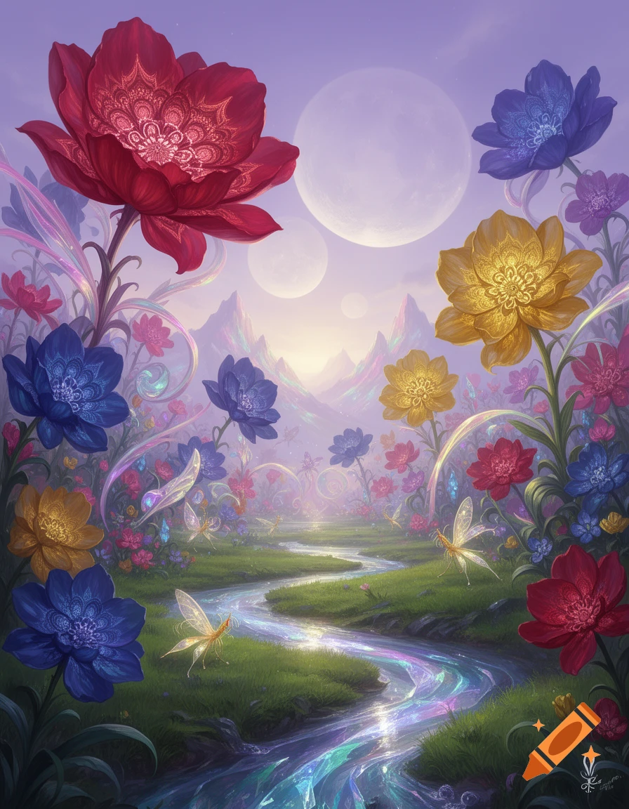 Vibrant fantasy landscape with a glowing river, ornate red, blue, and yellow flowers, fairy insects, and multiple moons.