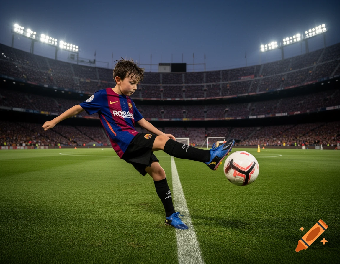Young boy in a blue and red soccer jersey kicks a ball on a green field in a large, lit stadium at dusk.