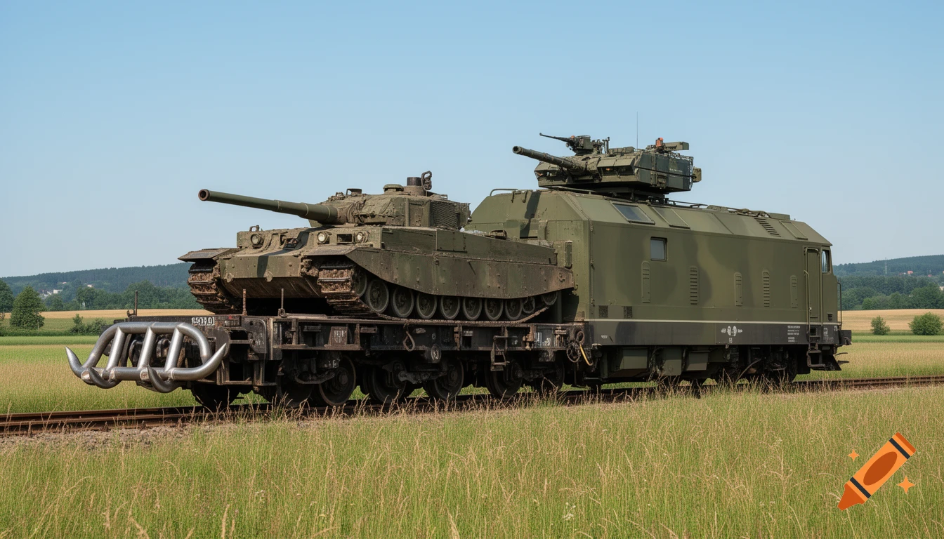 A military tank and an armored locomotive with a turret are on a train car on tracks in a grassy field under a clear blue sky.