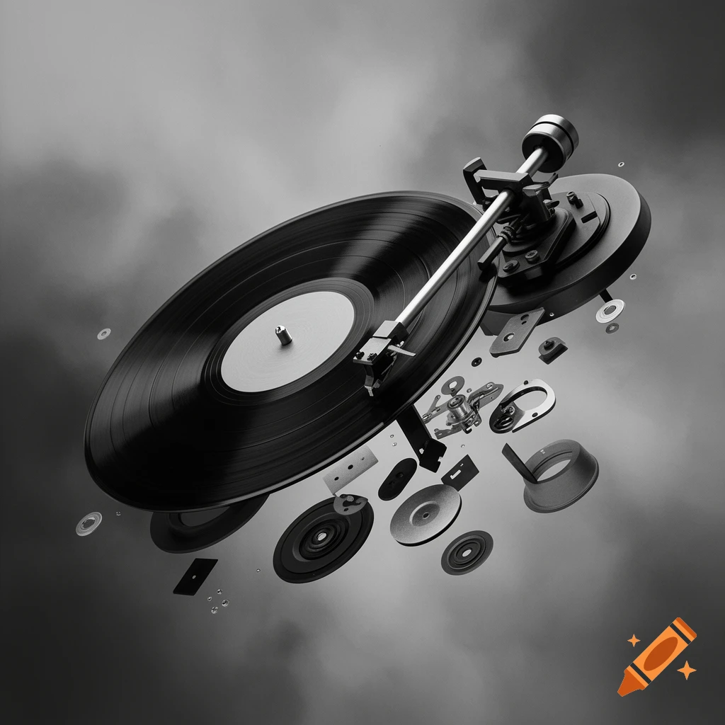 A black and white image of a disassembled vinyl turntable with its components floating in mid-air.