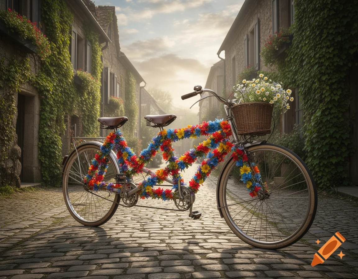 A tandem bicycle decorated with colorful flowers, parked on a cobblestone street in a charming, ivy-covered village.