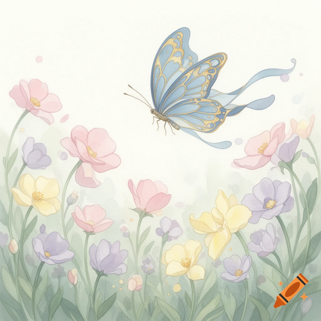 A blue and gold butterfly with flowing ribbons for tails flies over a field of pink, purple, and yellow watercolor flowers.