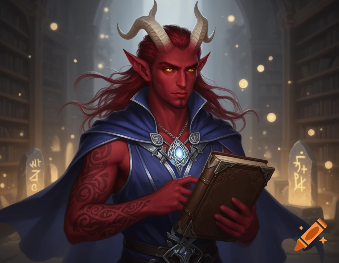 A handsome red-skinned Tiefling magician with horns and long red hair wears a blue cloak, holding a book in a library filled with glowing runes.