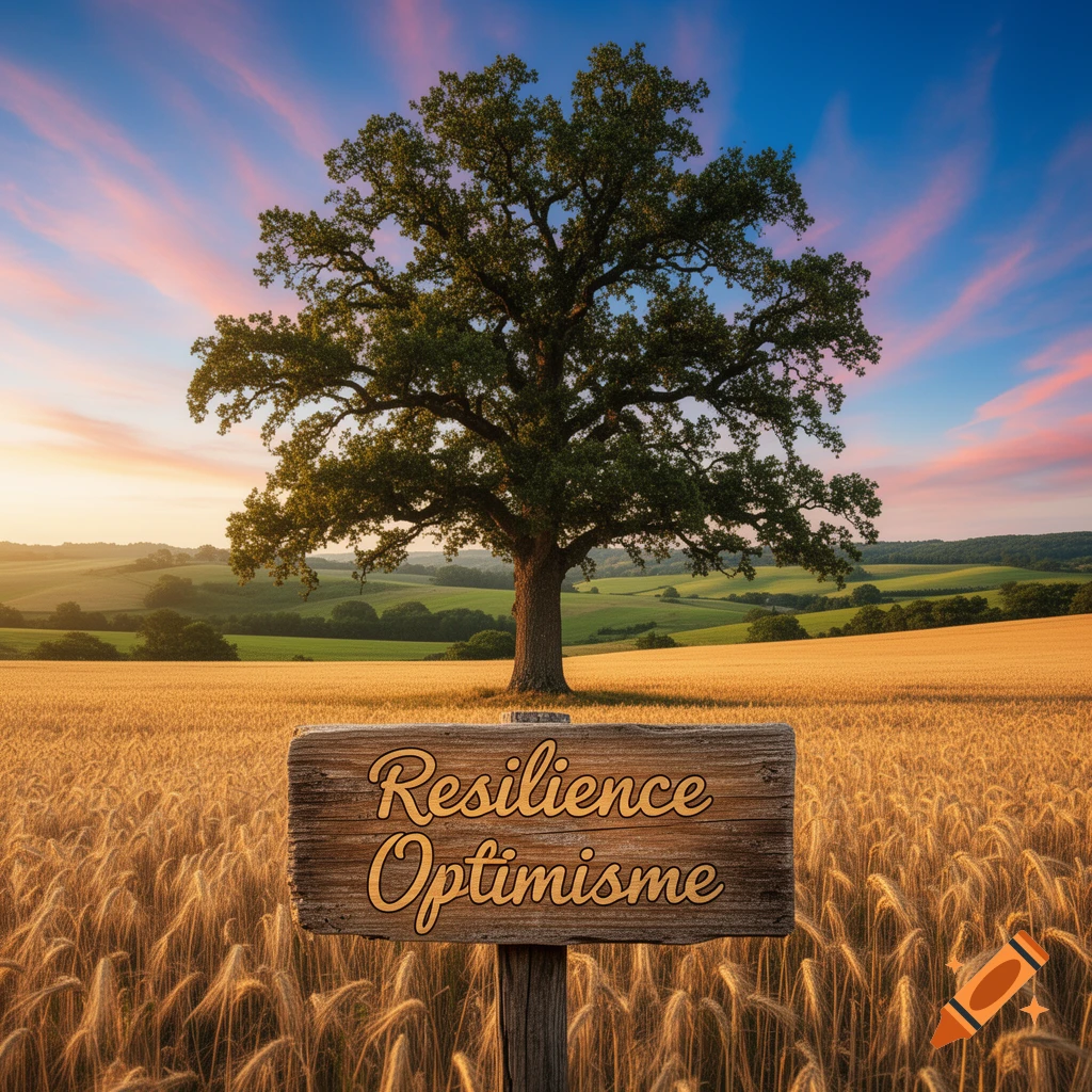 A lone tree stands in a golden wheat field under a vibrant sunset sky, with a wooden sign reading 'Resilience Optimisme'.
