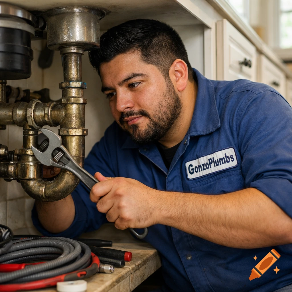 A plumber with a beard, wearing a 'GonzoPlumbs' uniform, works under a sink with a wrench.