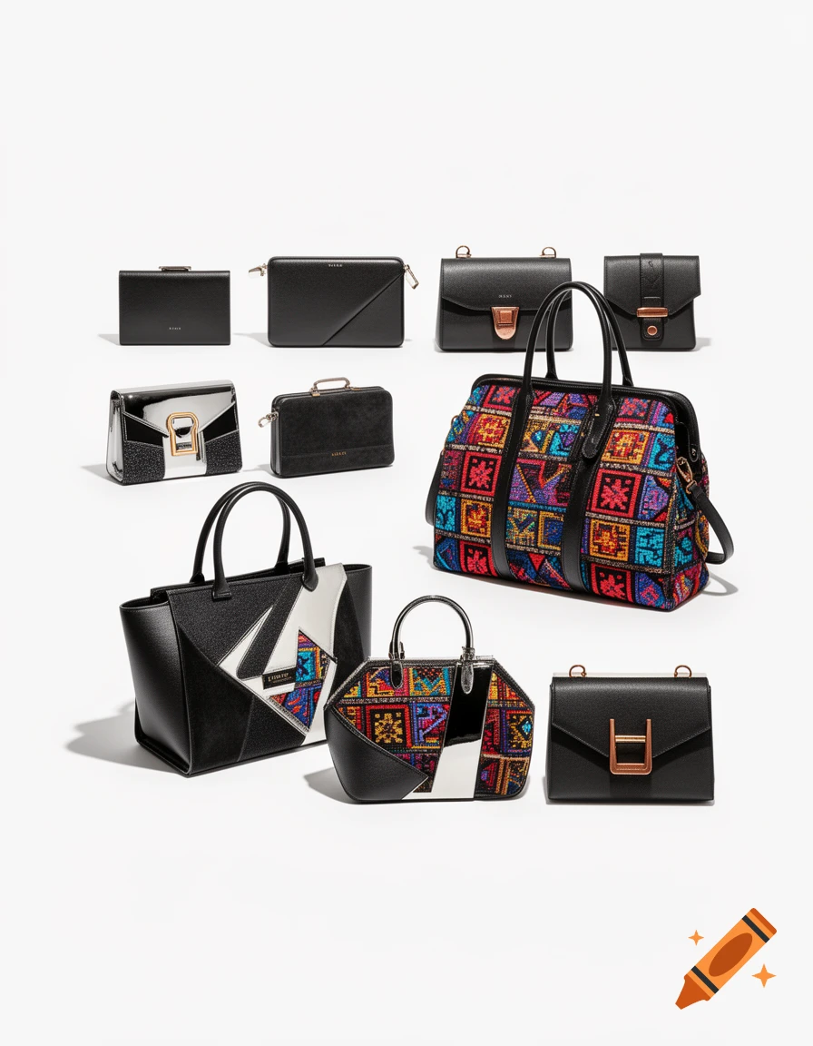 Collection of modern handbags, predominantly black with some featuring colorful geometric patterns, displayed on a white background.