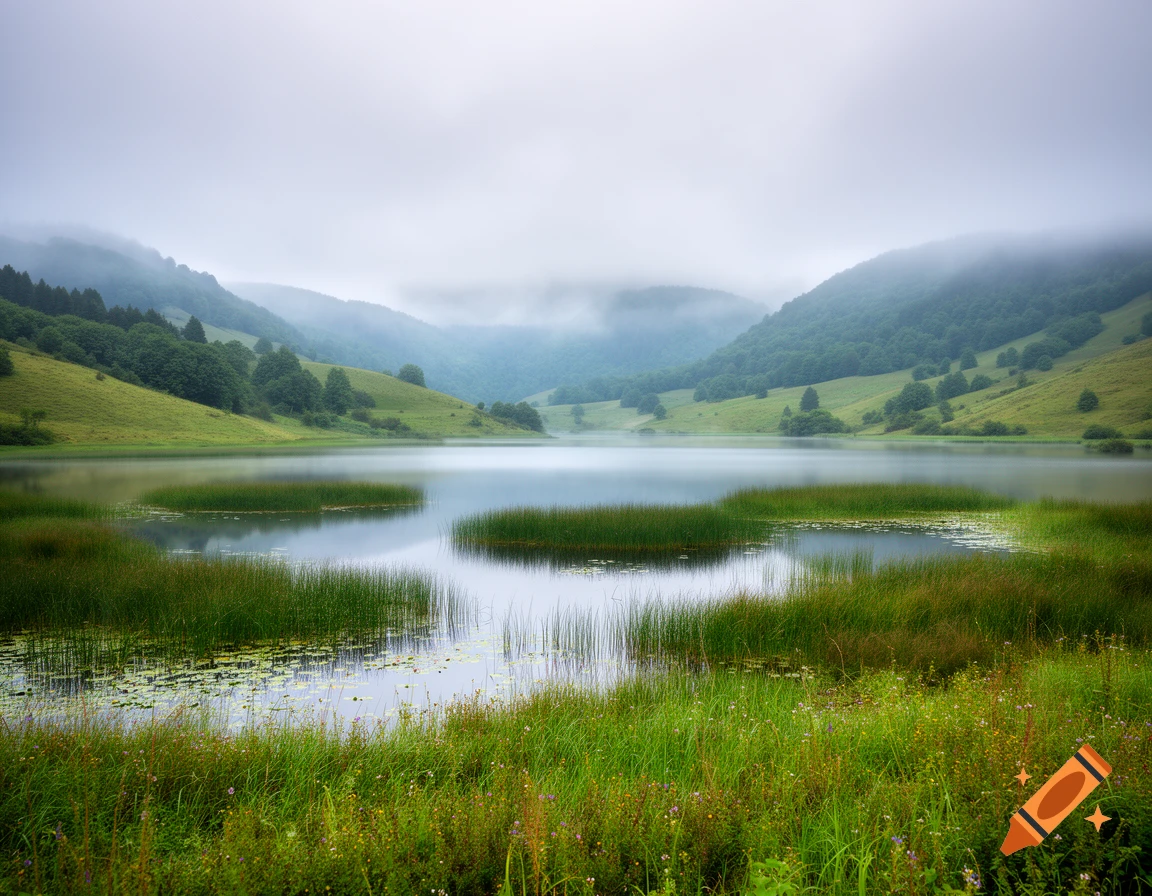 A serene, misty lake surrounded by lush green rolling hills and valleys under an overcast sky, with marshy grasses in the foreground.