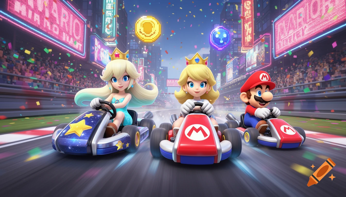 Rosalina, Peach, and Mario race in karts on a track, showered in confetti, with city buildings in the background.