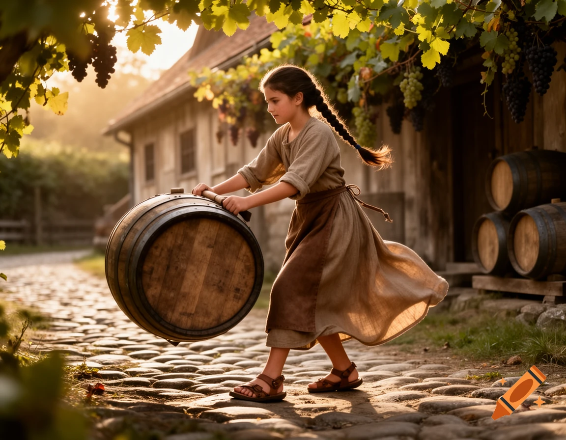 A young girl in medieval attire pushes a large wooden wine barrel along a cobblestone path in a sunny vineyard.