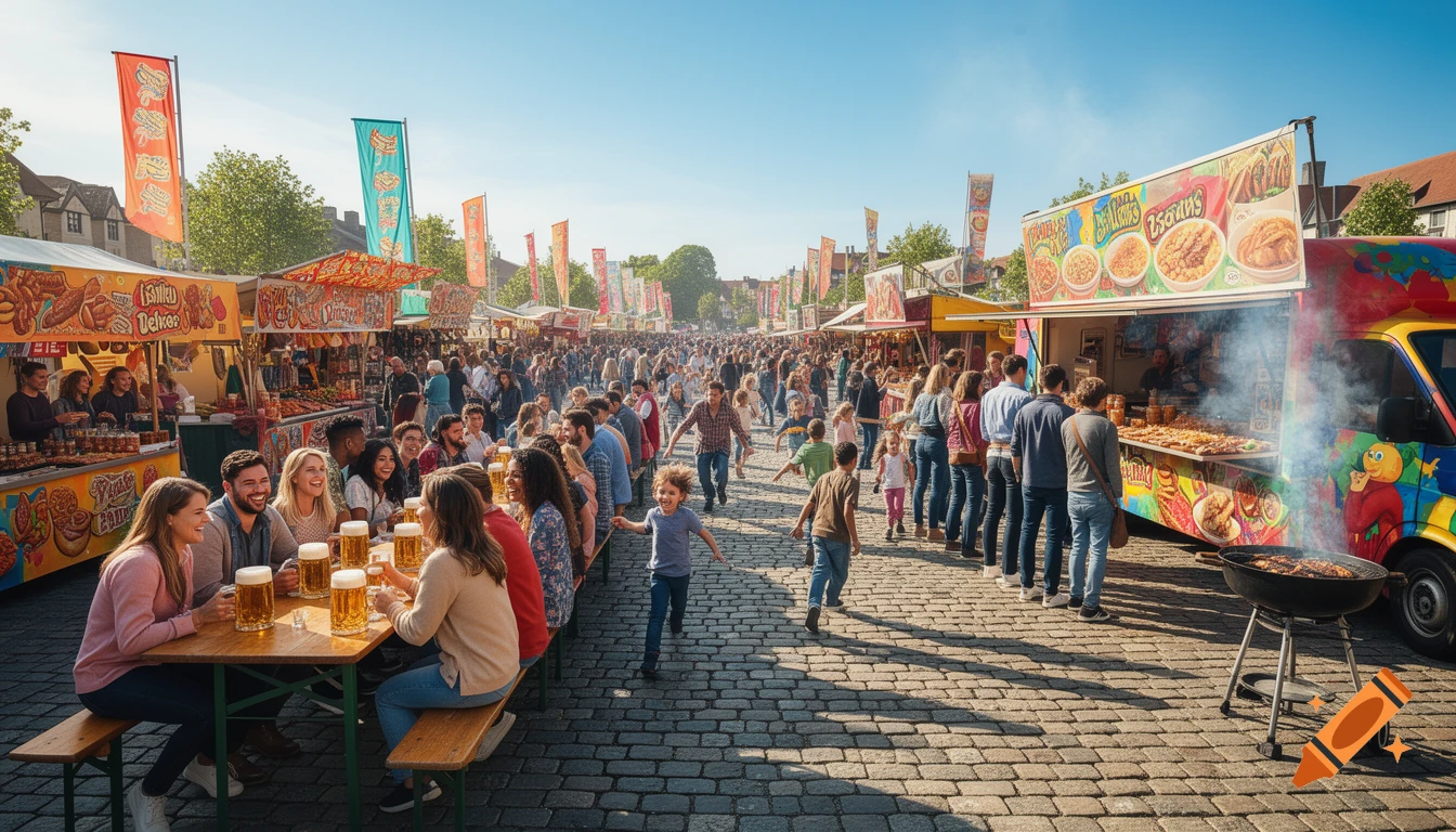 A hyperrealistic wide shot of a bustling outdoor market festival with many happy people, food stalls, a food truck, and children running through the crowd.