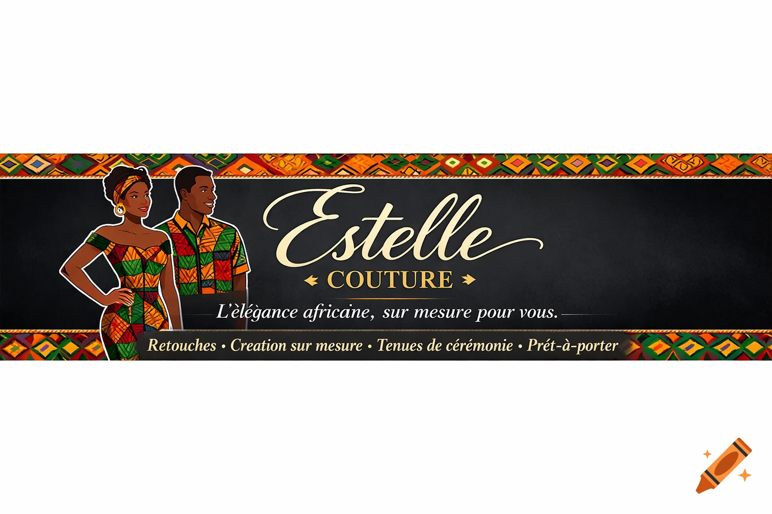 An advertising banner with two flat-design illustrated African figures in colorful wax print clothing, 'Estelle COUTURE' in elegant script, and a border of traditional patterns.