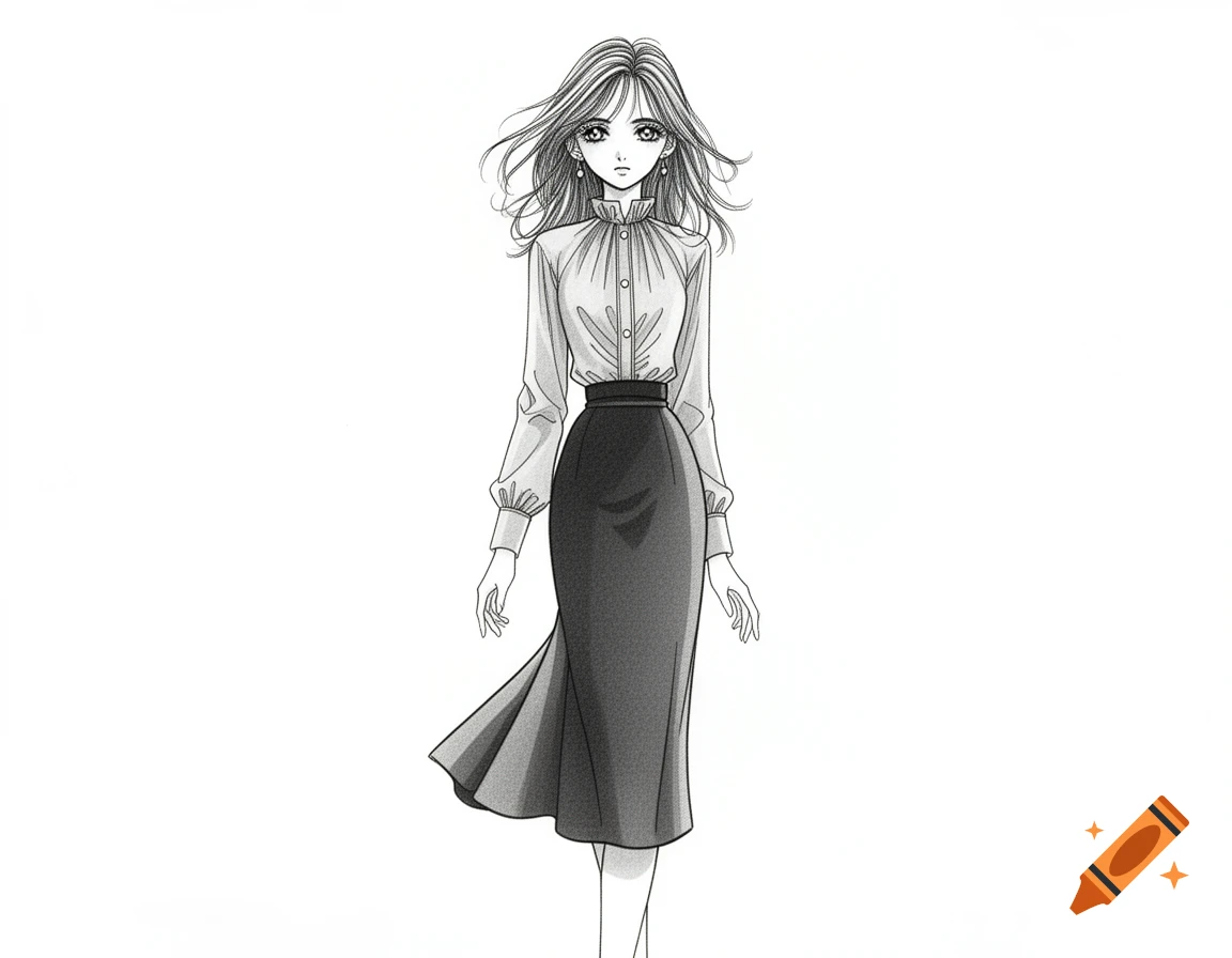 Monochrome manga illustration of a woman with long hair wearing a ruffled blouse and a long skirt.