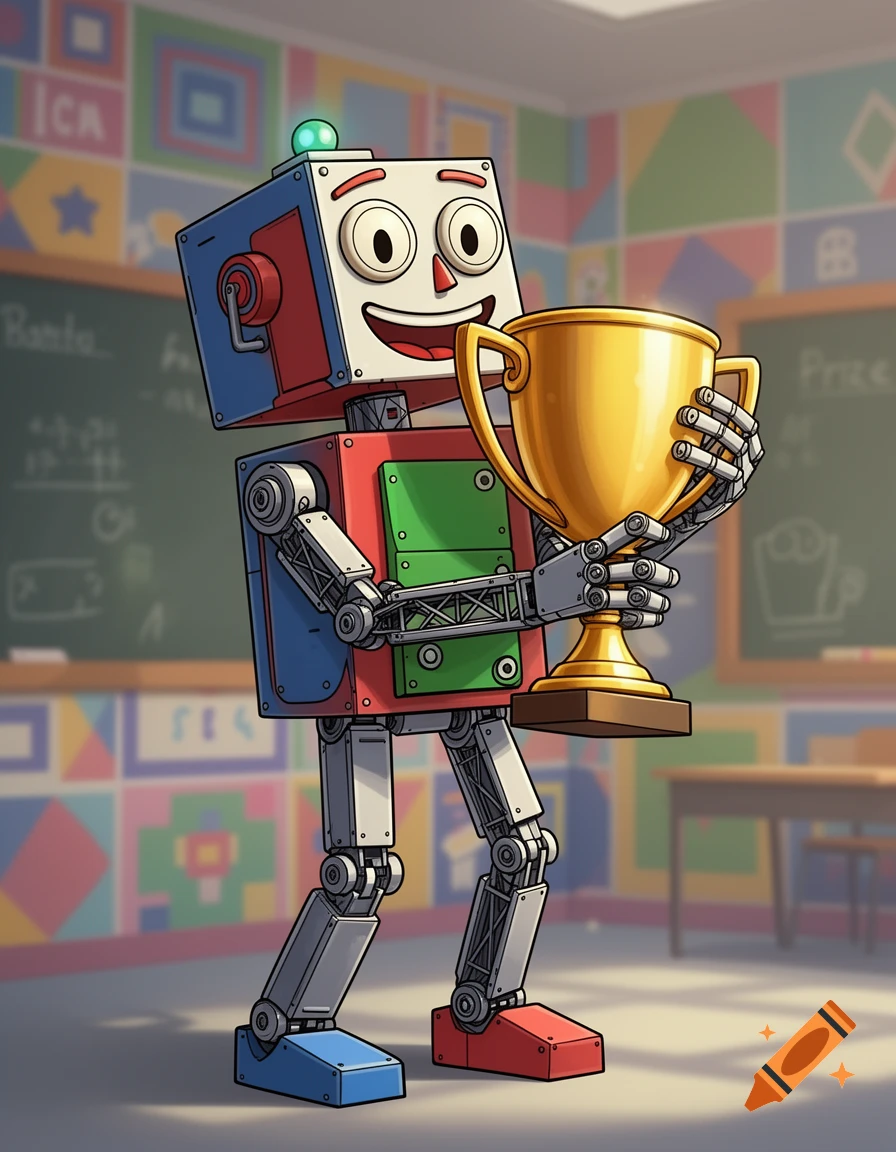 A colorful, cartoon-style robot with big eyes smiles while holding a large golden trophy in a classroom.