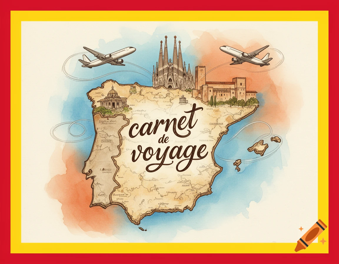 Watercolor illustrated map of the Iberian Peninsula featuring landmarks, airplanes, and 'carnet de voyage' text, with Spanish flag borders.