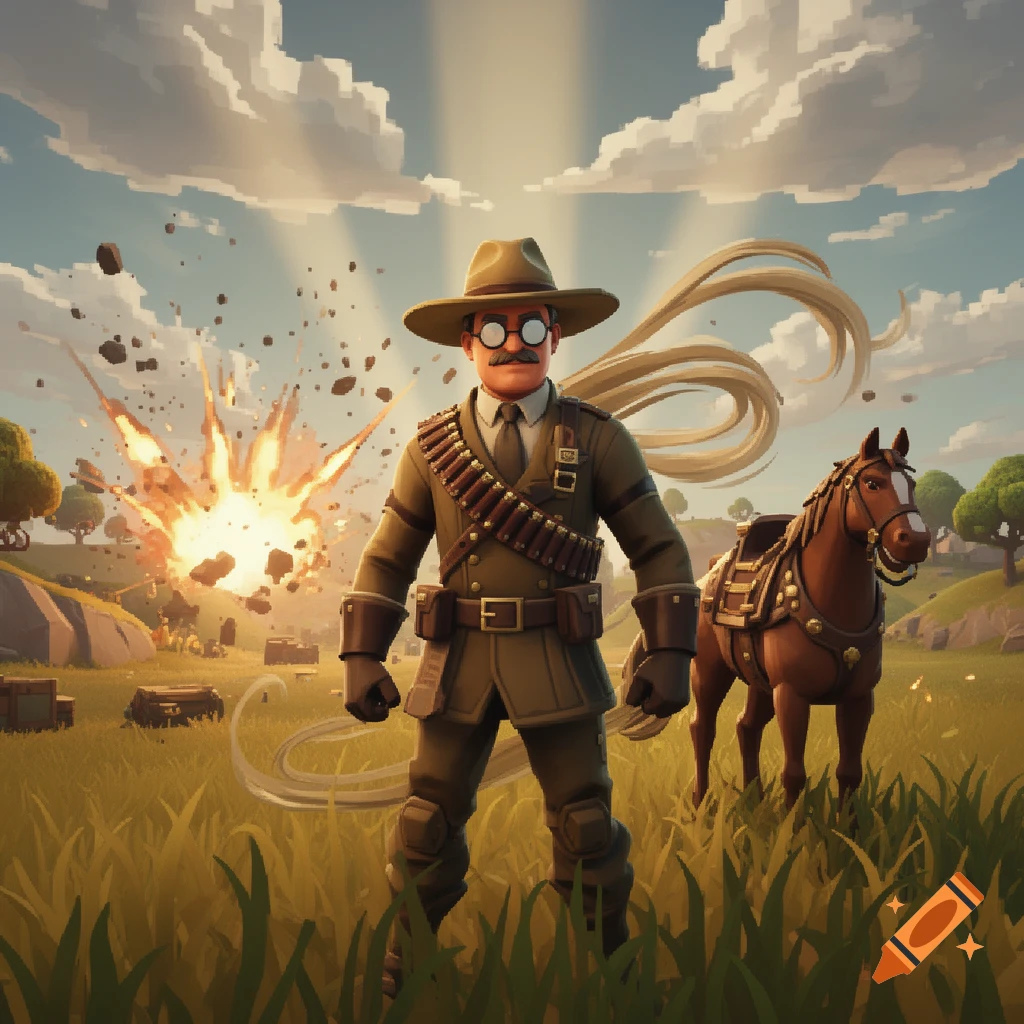 A Fortnite-style character resembling Theodore Roosevelt in a safari uniform stands in a grassy field with an explosion and a saddled horse.