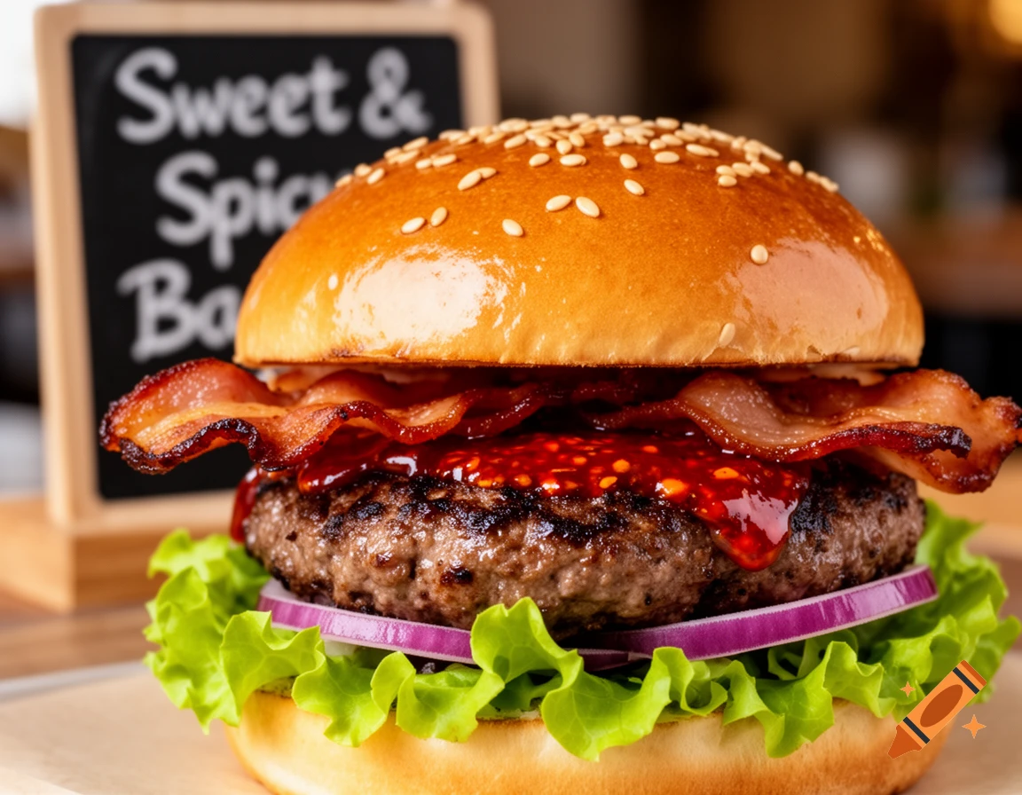 Photorealistic close-up of a sweet and spicy bacon burger with lettuce, onion, a juicy patty, and a shiny bun.