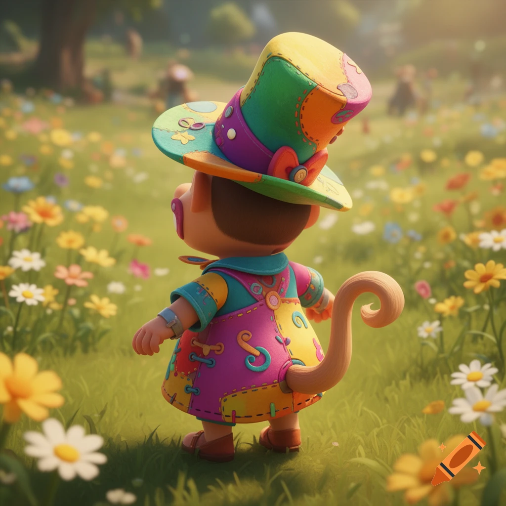 A colorful cartoon character with a patchwork outfit and top hat, standing in a field of flowers, seen from behind.