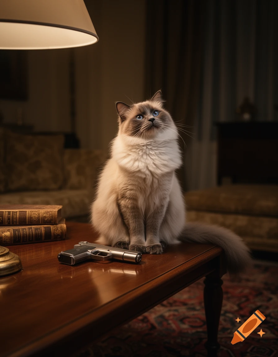 A fluffy Ragdoll cat sits on a wooden table beside a silver handgun and old books, looking up in a dim room.