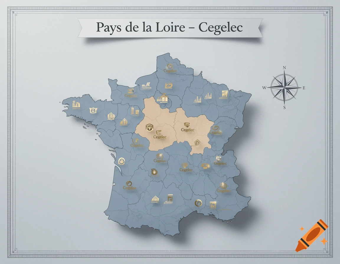 A 3D rendered map of France with the Pays de la Loire region highlighted, showing Cegelec company locations and a compass rose.