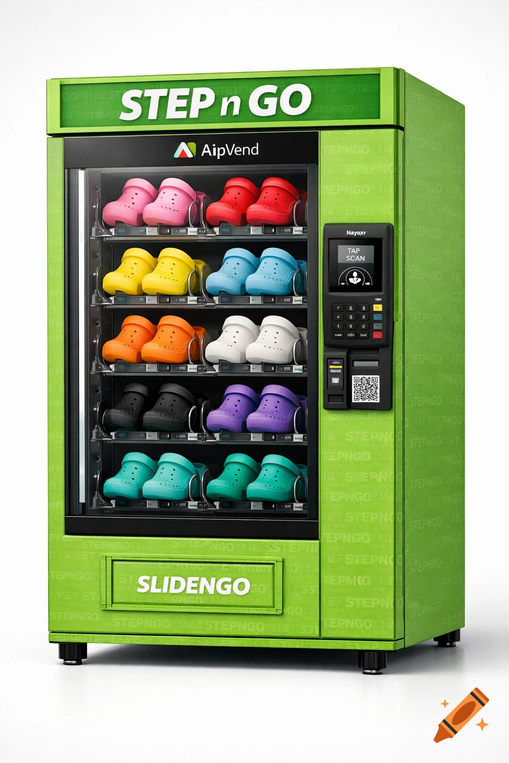 Photorealistic 3D render of a lime green STEP n GO vending machine dispensing colorful rubber clogs, with a black payment terminal.