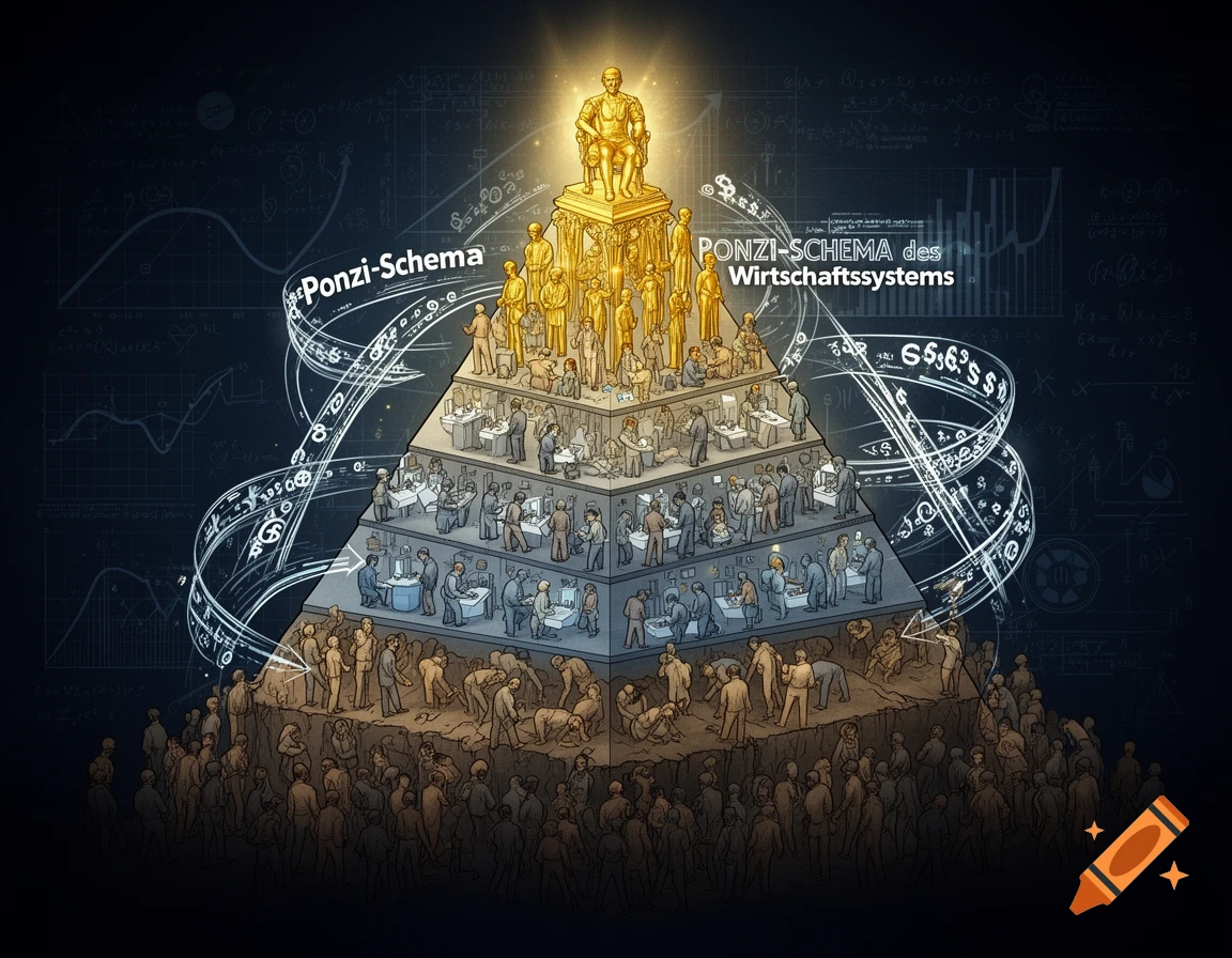 Detailed illustration of a Ponzi scheme pyramid with a golden statue, workers in offices, and a crowd at the base, on a dark scientific background.