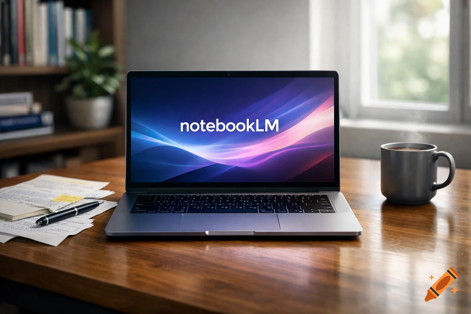 A silver laptop with 'notebookLM' on its screen, a steaming coffee mug, and papers on a wooden desk in a well-lit room. Photorealistic.