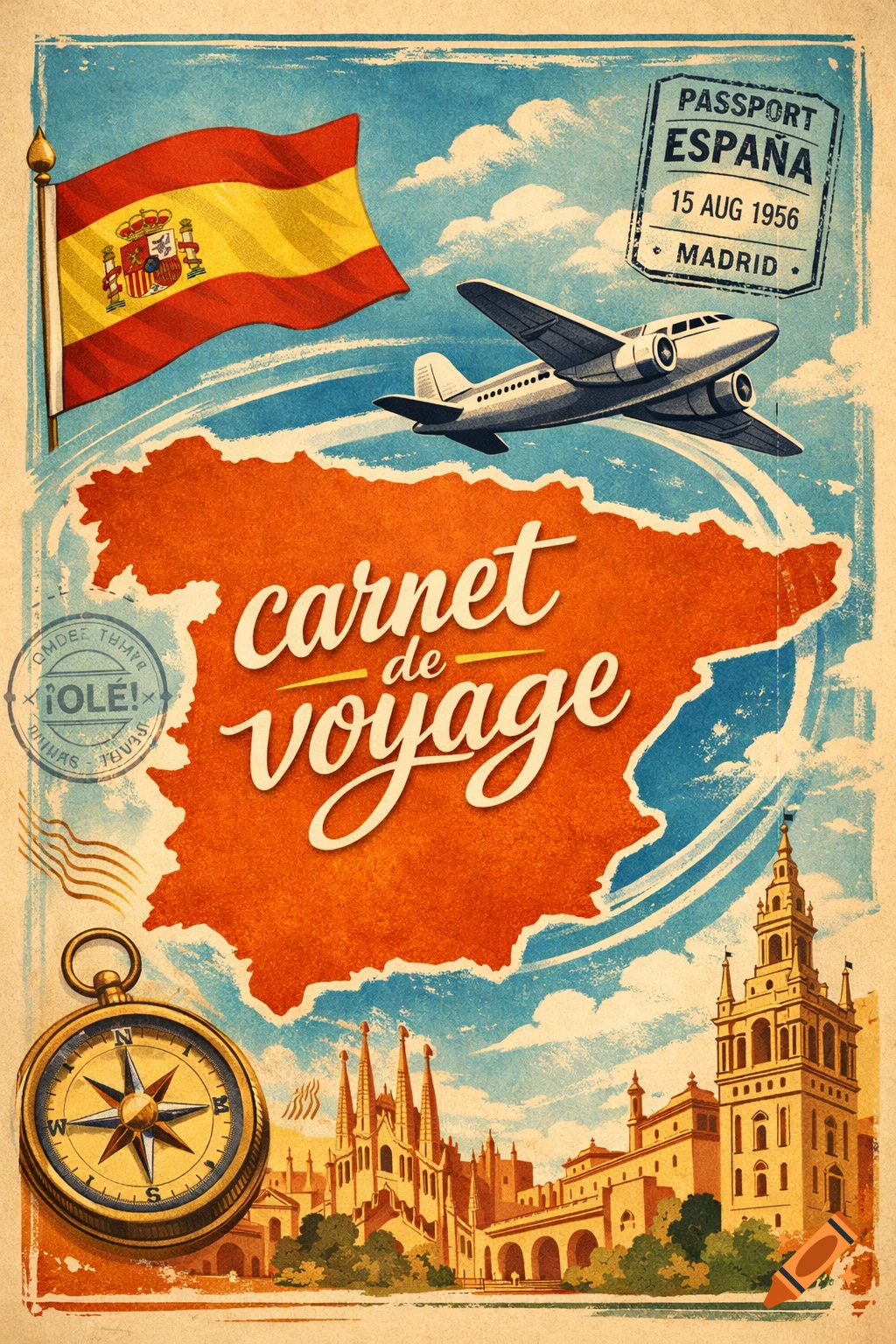 Vintage travel poster for Spain with a map, flag, airplane, compass, and famous landmarks like Sagrada Familia and Giralda.