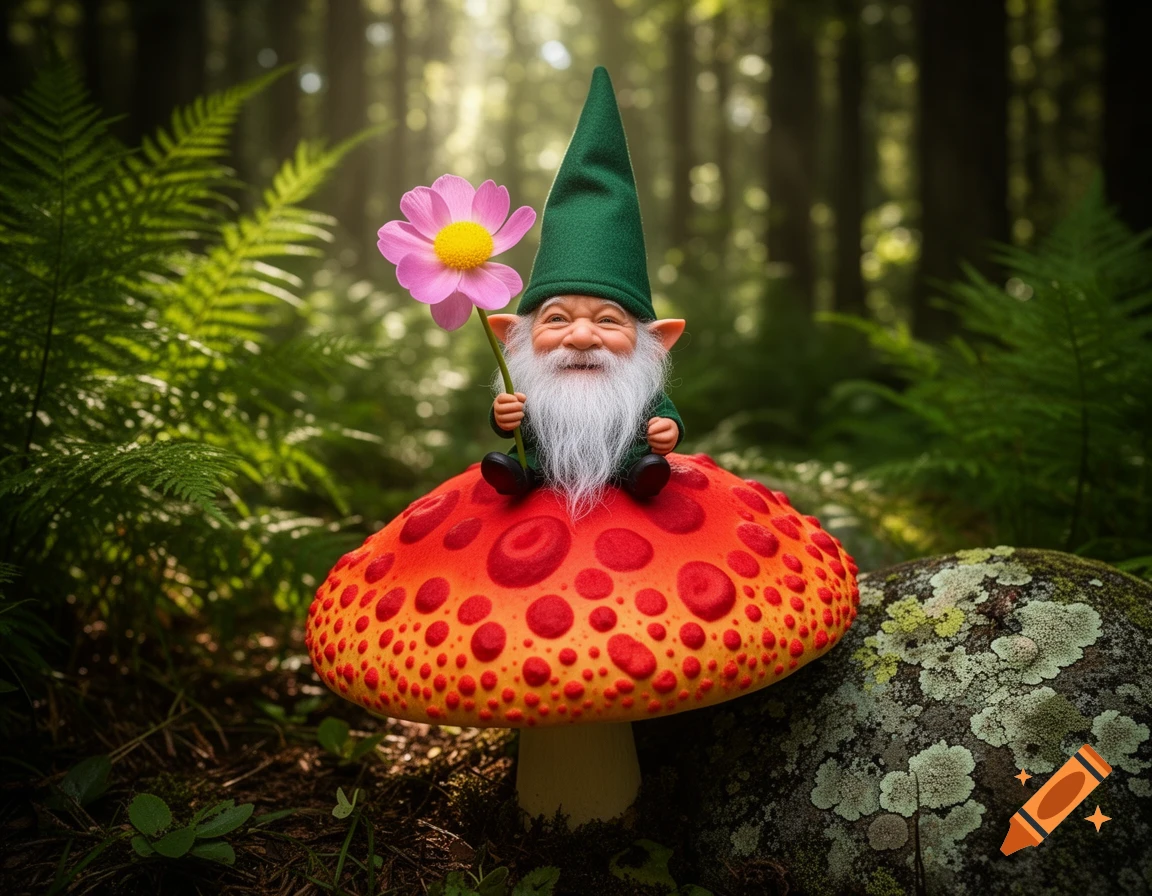 A cheerful gnome with a white beard and green hat sits on a red mushroom, holding a pink flower in a sunny forest.