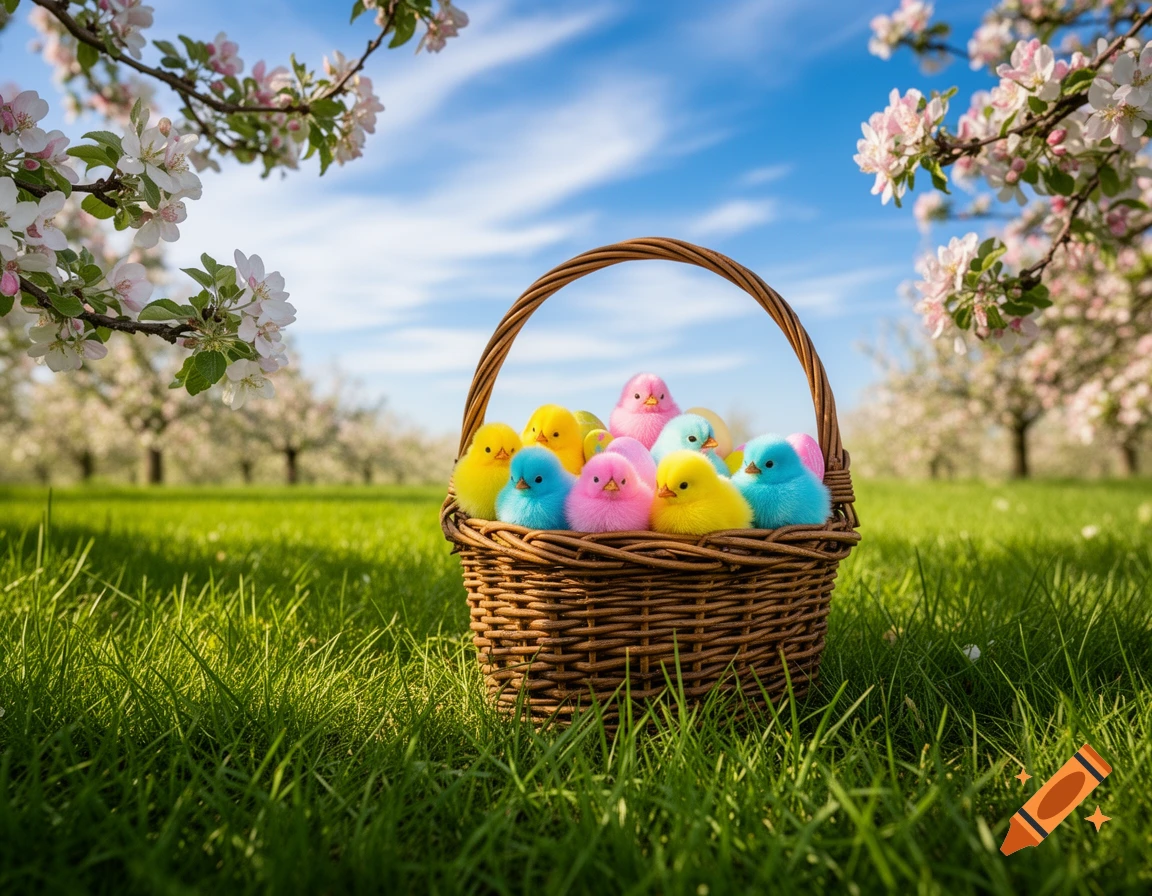 A woven basket filled with colorful pink, yellow, and blue chicks sits in green grass under blossoming apple trees.
