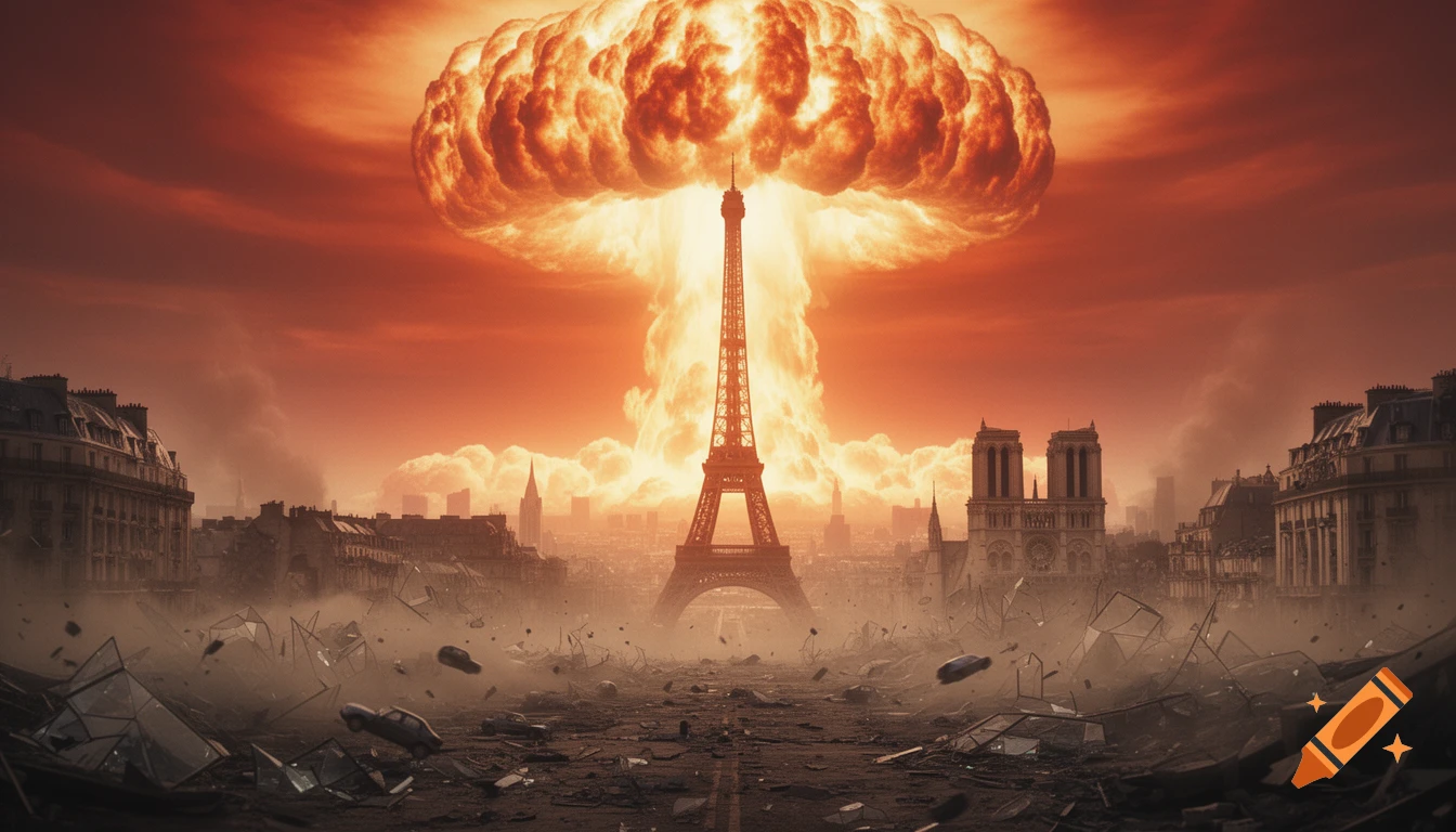 Ultra-realistic photo of a massive nuclear mushroom cloud rising above the Eiffel Tower in a devastated, dusty Paris cityscape.