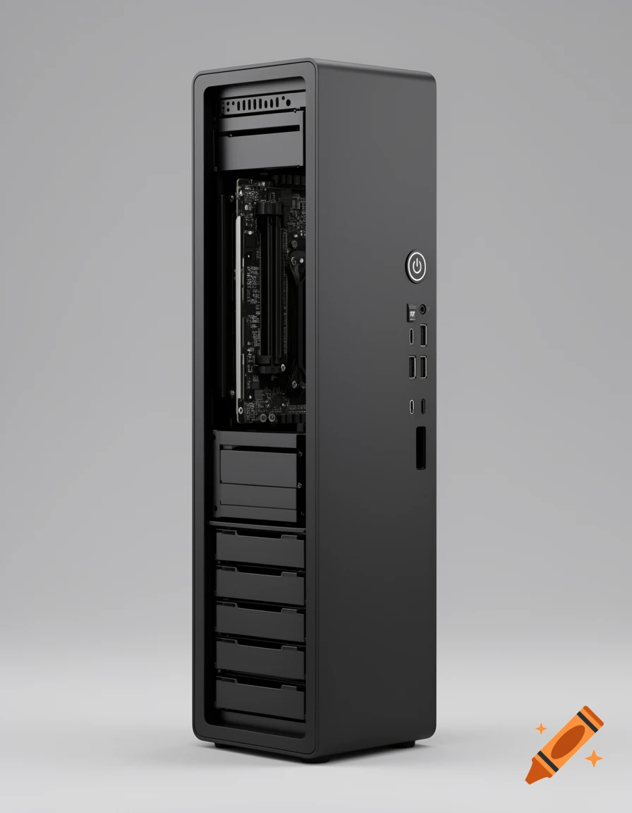 A sleek black computer tower with an open side reveals a motherboard, GPU slot, and multiple drive bays on a gray background.