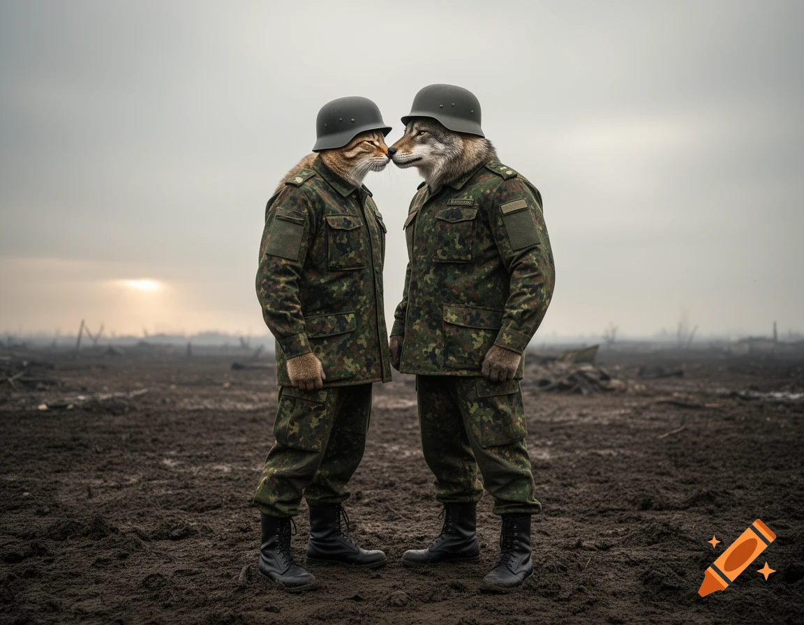Photorealistic anthropomorphic cat and wolf in military uniforms and helmets kissing on a muddy battlefield.