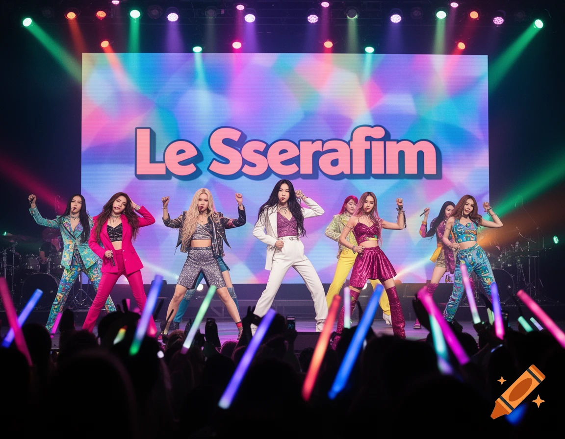 A K-pop group, Le Sserafim, performs on a stage under colorful lights, with their name displayed on a large screen behind them, while a crowd holds glow sticks.