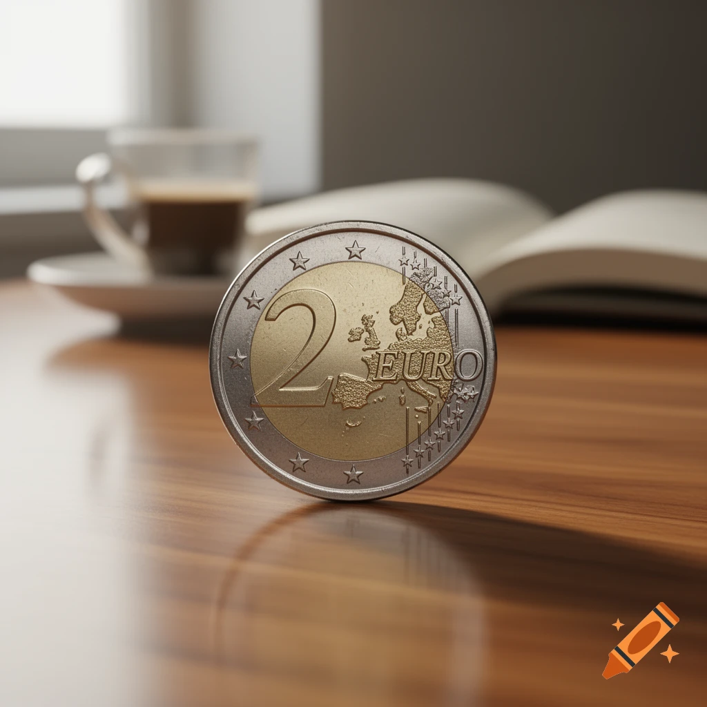A photorealistic close-up of a 2 Euro coin standing upright on a wooden table, with a blurred coffee cup and open book in the background.