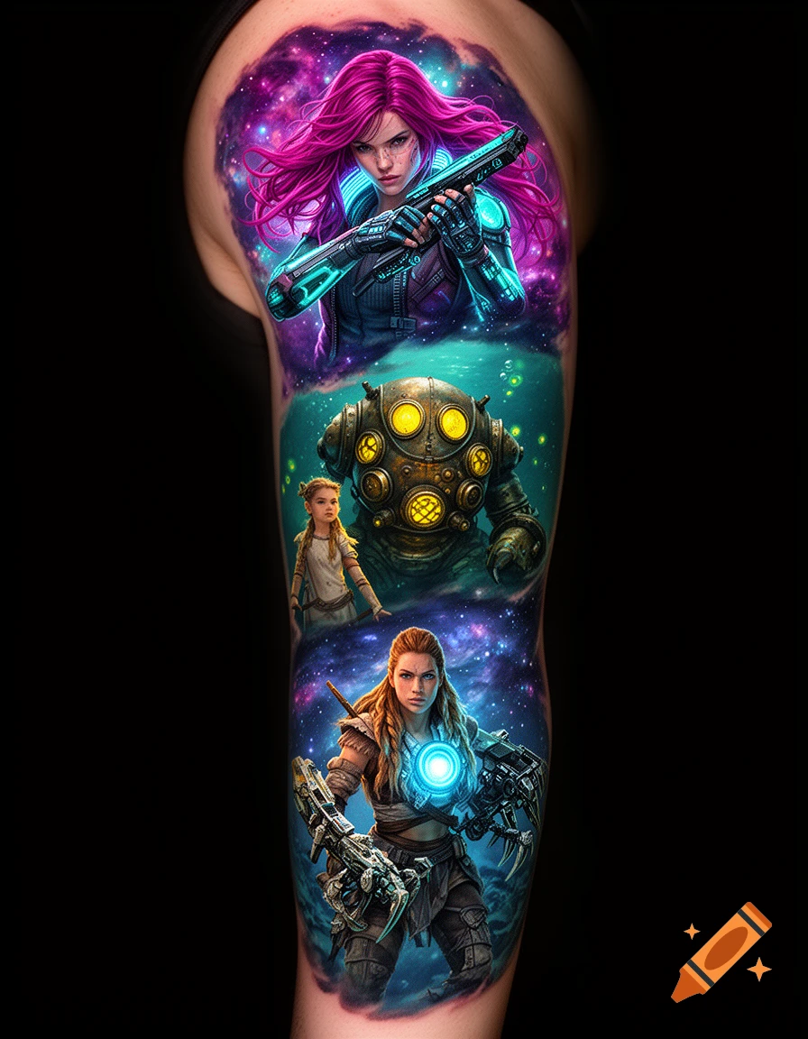 Vibrant hyper-realistic tattoo sleeve with V from Cyberpunk, Big Daddy and Little Sister from BioShock, and Aloy from Horizon Zero Dawn against cosmic backgrounds.