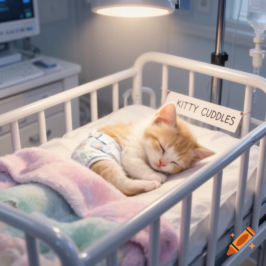 A diapered ginger and white kitten sleeps peacefully in a white hospital crib with pink and green blankets. A sign on the crib says 'KITTY CUDDLES'.
