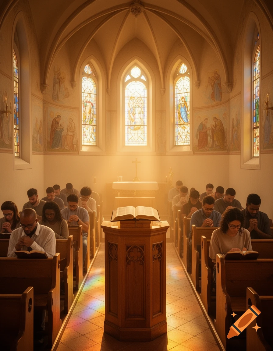 People praying in a brightly lit church with stained-glass windows and light streaming through.