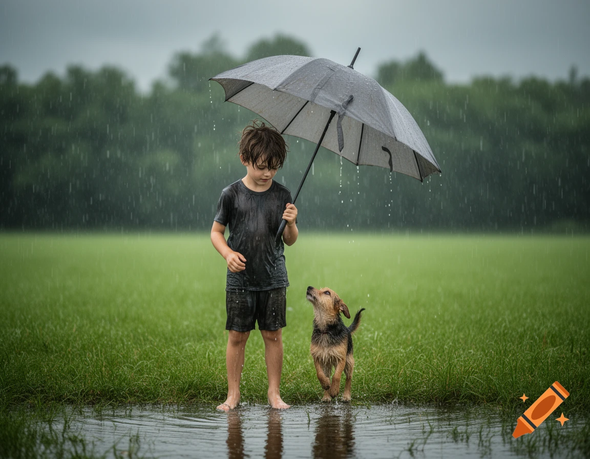 A boy holds an umbrella, standing barefoot in a puddle with a dog looking up at him in a rainy field.