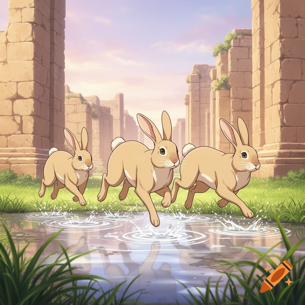 Three light tan cartoon rabbits hop through puddles amidst old stone ruins and green grass at sunset.
