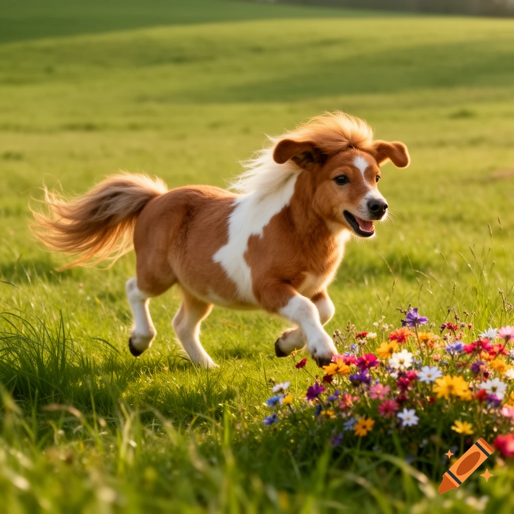 A small brown and white pony-dog hybrid runs joyfully through a green field dotted with colorful wildflowers.