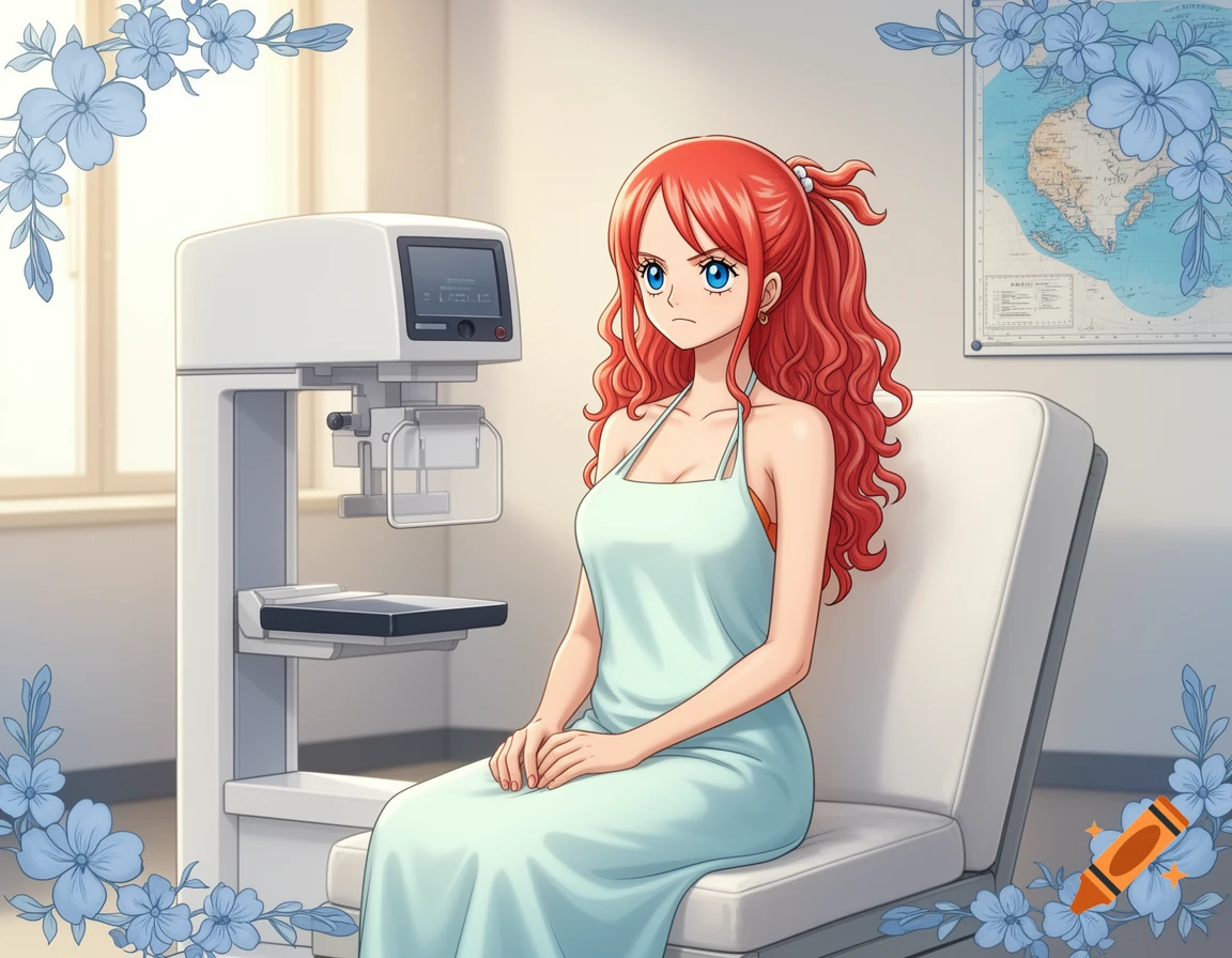 Anime character Nami from One Piece sits in a hospital gown next to a mammogram machine, looking worried.