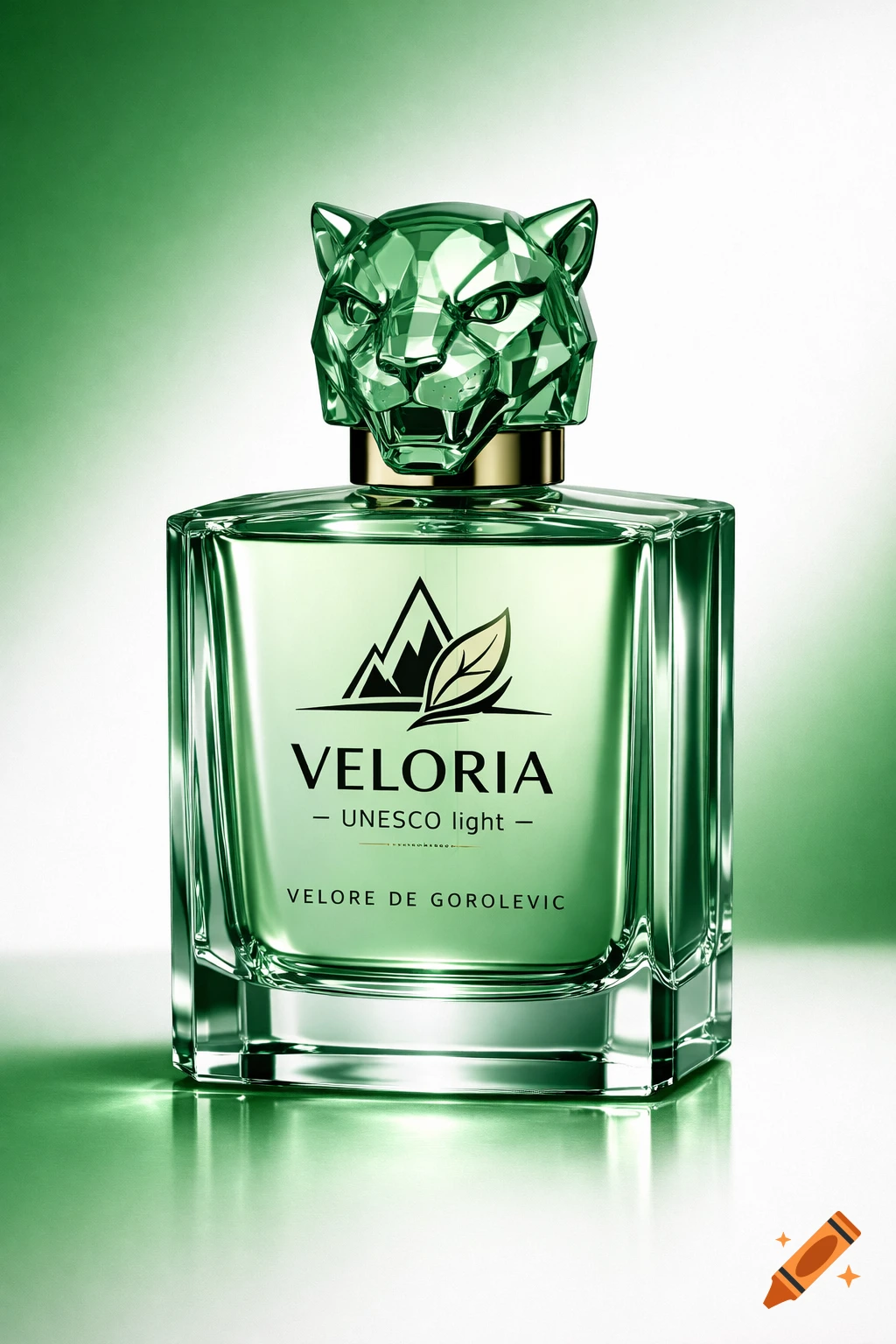 A luxurious green-tinted perfume bottle with a faceted green panther head cap, featuring a 'VELORIA' logo and 'VELORE DE GOROLEVIC' text on its front.