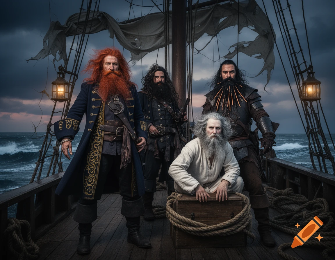 Four rugged, bearded men in pirate attire stand on a ship's deck under stormy skies, photorealistic style.