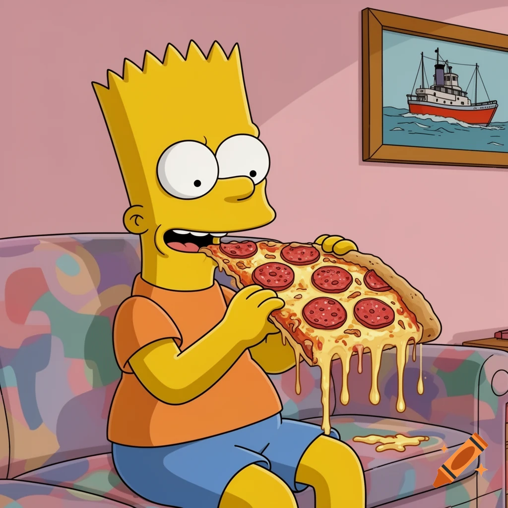 Bart Simpson, in cartoon style, sits on a colorful couch, eagerly eating a large, cheesy pepperoni pizza.