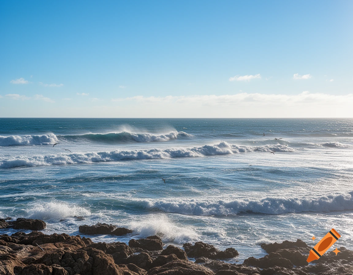 Photorealistic image of ocean waves crashing on a rocky shore under a ...